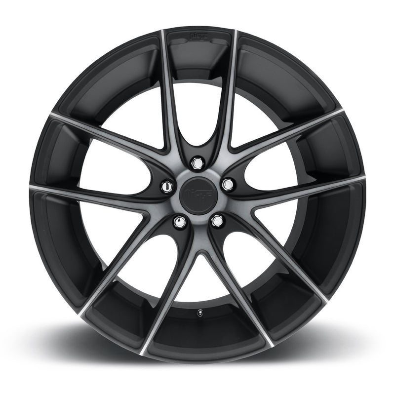 Front face view of a Niche Targa monoblock cast aluminum 5 double spoke automotive wheel in a matte black with double dark tint and a Niche logo center cap.