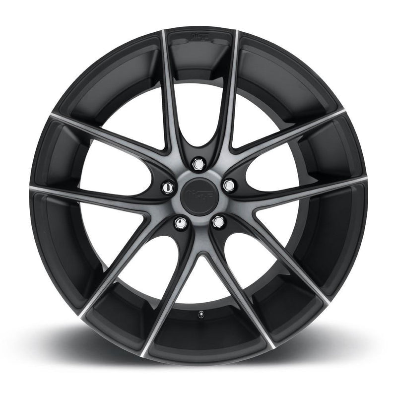Front face view of a Niche Targa monoblock cast aluminum 5 V shape spoke automotive wheel Iin a matte black finish with a double dark tint and an embossed Niche logo on the outer lip long with a Niche black logo center cap.