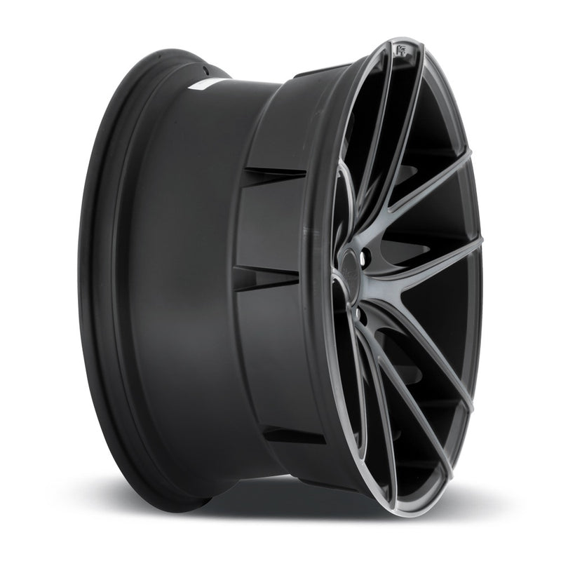 Side view of a Niche Targa monoblock cast aluminum 5 double spoke automotive wheel in a matte black double dark tint finish with embossed Niche logo on outer edge and Niche logo center cap.
