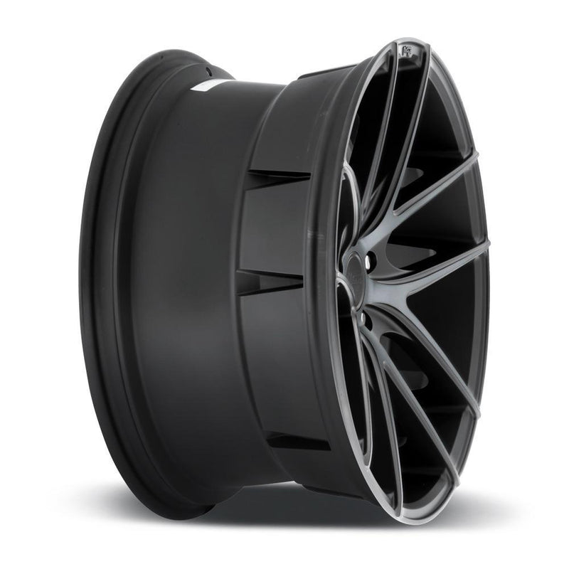Side view of a Niche Targa monoblock cast aluminum 5 V shape spoke automotive wheel Iin a matte black finish with a double dark tint and an embossed Niche logo on the outer lip long with a Niche black logo center cap.