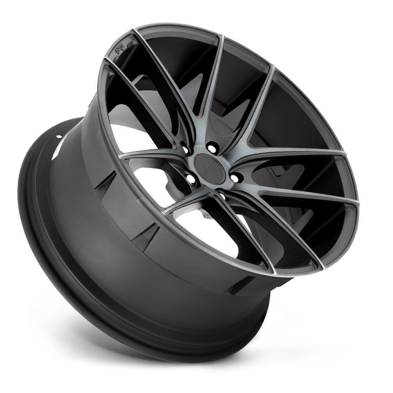 Tilted side view of a Niche Targa monoblock cast aluminum 5 V shape spoke automotive wheel Iin a matte black finish with a double dark tint and an embossed Niche logo on the outer lip long with a Niche black logo center cap.