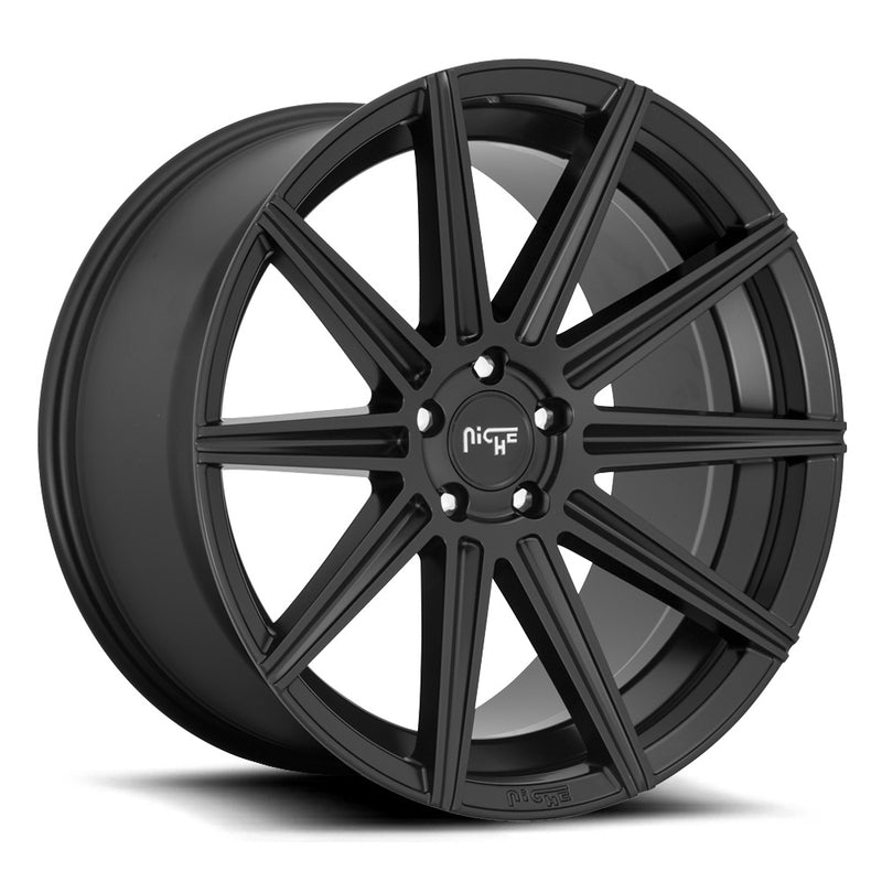 Niche Tifosi monoblock cast aluminum 10 spoke automotive wheel in a matte black finish with an embossed Niche logo on the outer lip and a Niche silver logo center cap.