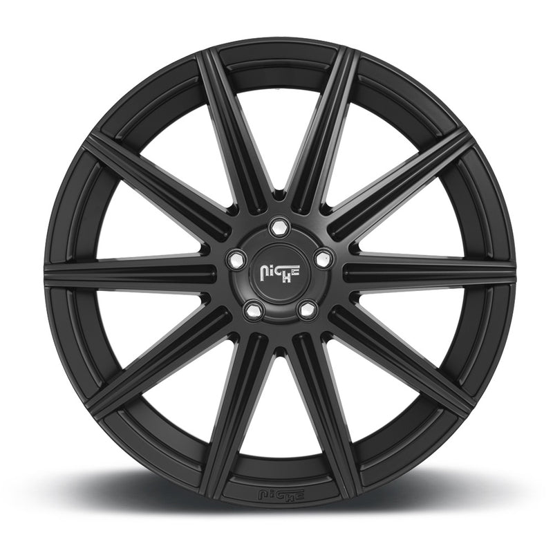 Front face view of a Niche Tifosi monoblock cast aluminum 10 spoke automotive wheel in a matte black finish with an embossed Niche logo on the outer lip and a Niche silver logo center cap.