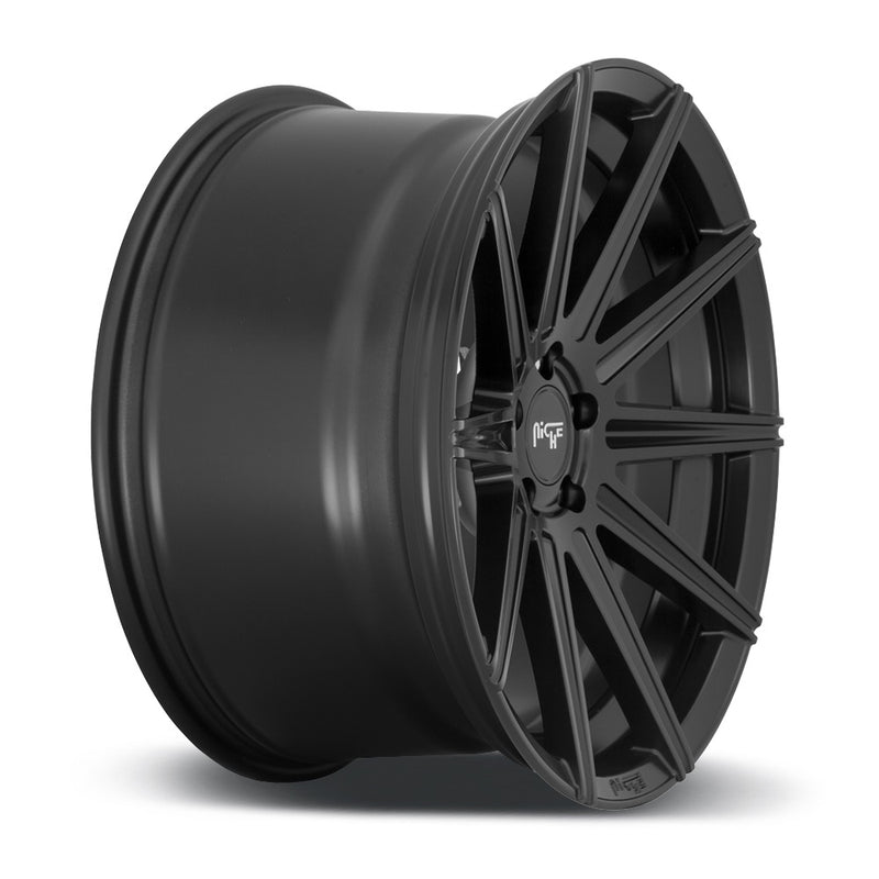 Side view of a Niche Tifosi monoblock cast aluminum 10 spoke automotive wheel in a matte black finish with an embossed Niche logo on the outer lip and a Niche silver logo center cap.