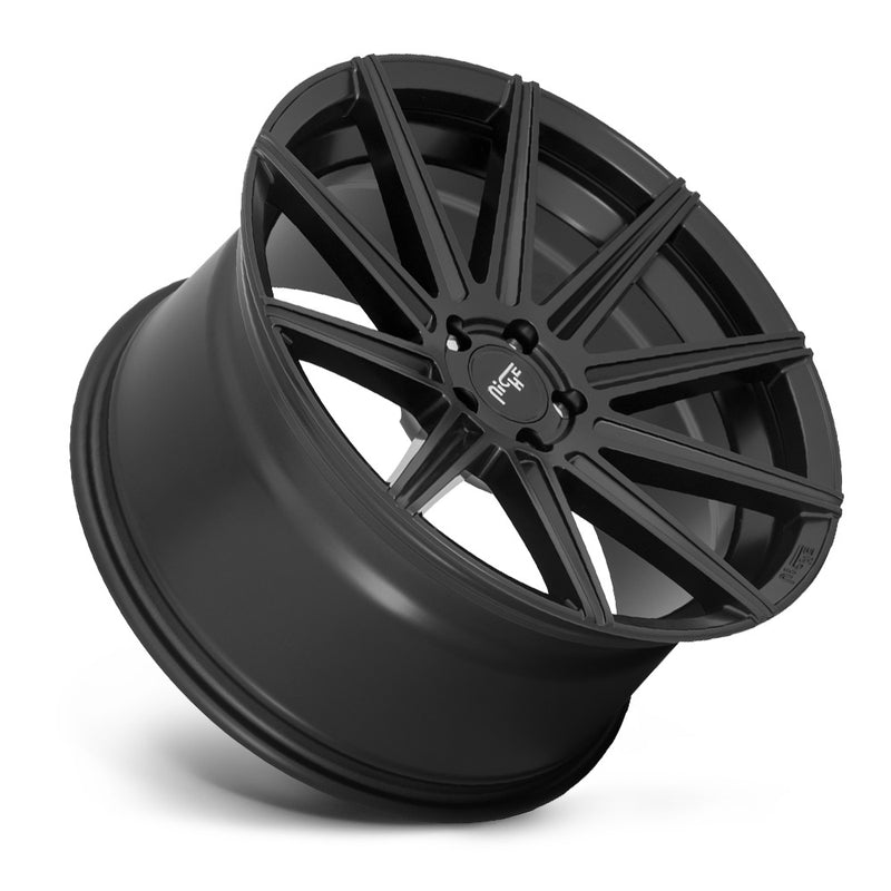 Tilted side view of a Niche Tifosi monoblock cast aluminum 10 spoke automotive wheel in a matte black finish with an embossed Niche logo on the outer lip and a Niche silver logo center cap.
