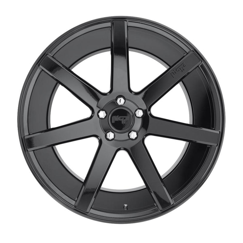 Front face view of a Niche Verona monoblock cast aluminum 7 smooth spoke automotive wheel in a gloss black finish with an embossed Niche logo on one spoke and a Niche black logo center cap.