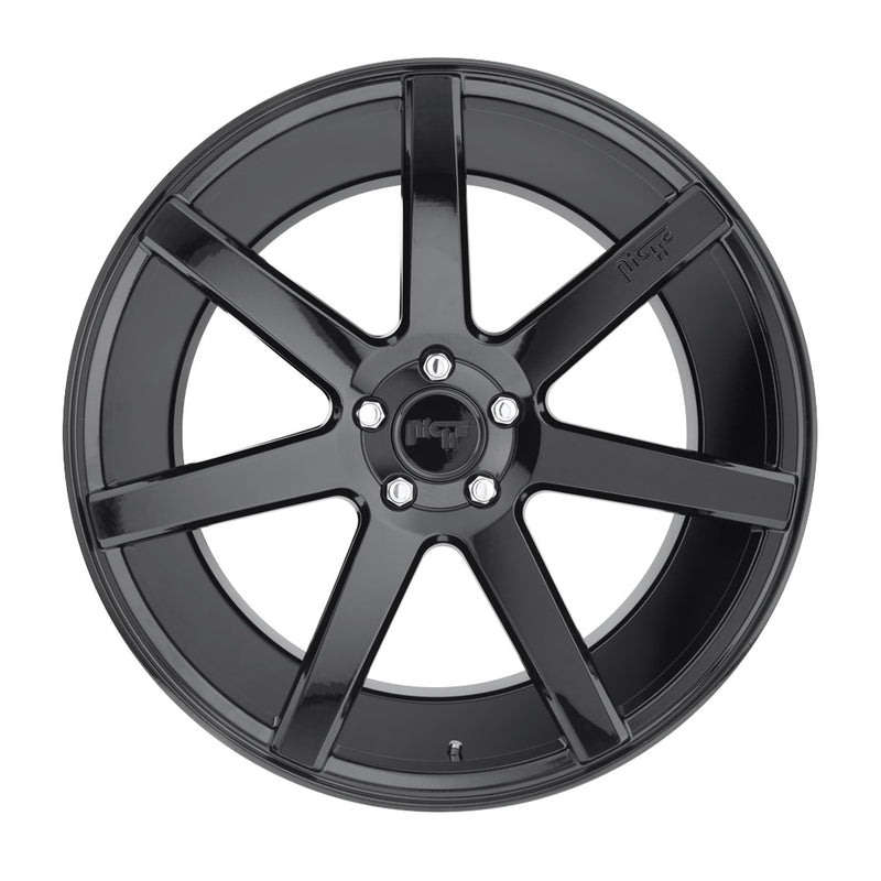 Front face view of a Niche Verona monoblock cast aluminum 6 spoke automotive wheel in a gloss black finish with a Niche logo embossed on one spoke and a Niche logo center cap.