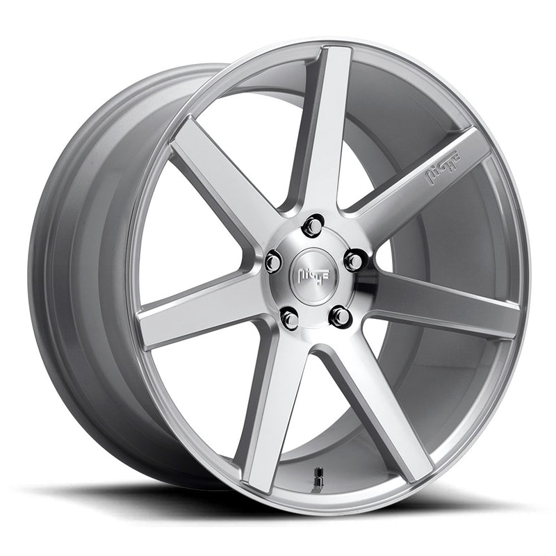 Niche Verona monoblock cast aluminum 6 spoke automotive wheel in a gloss silver machined finish with an embossed Niche Logo on one spoke and a Niche logo center cap.