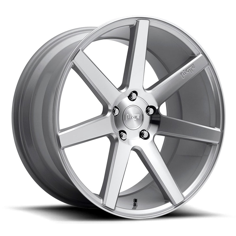 Niche Verona monoblock cast aluminum 7 spoke concave profile automotive wheel in a gloss silver machined finish with an embossed Niche Logo on one spoke and a Niche silver logo center cap.