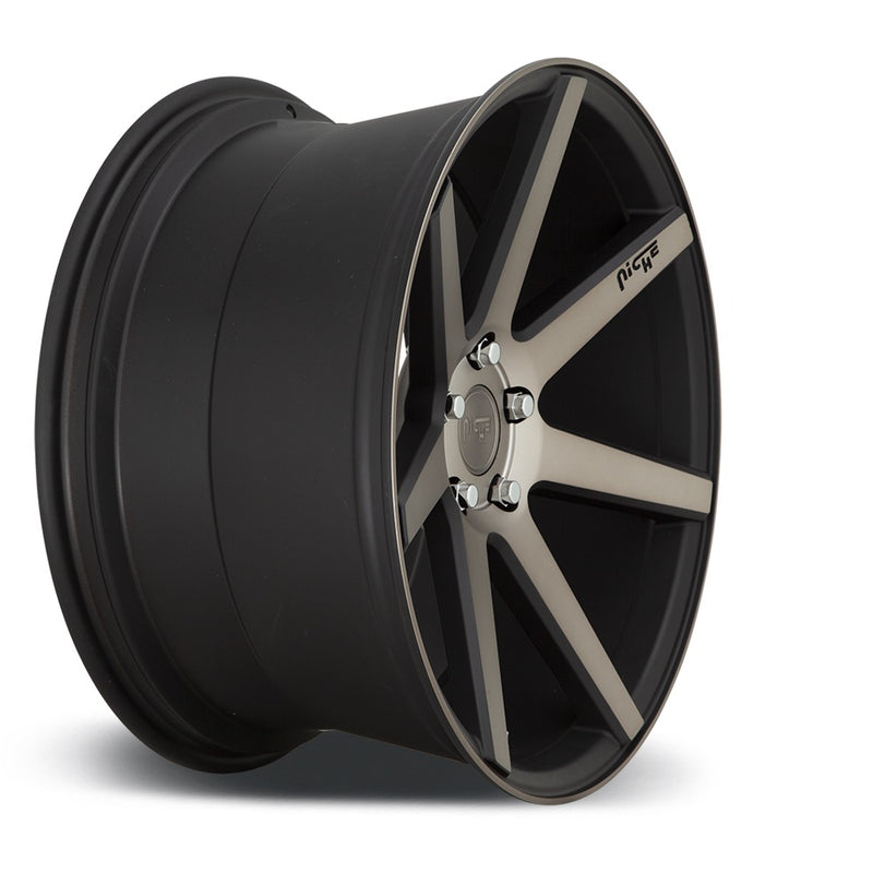 Side view of a Niche Verona monoblock cast aluminum 6 spoke automotive wheel in a matte black machined finish with a Niche logo embossed on one spoke and a Niche logo center cap.