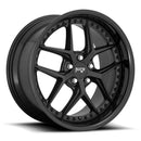 Niche Vice monoblock cast aluminum  5 V shape spoke automotive wheel in a gloss black matte black finish with a bolt design on the inner lip and a Niche logo center cap.
