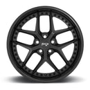 Front face view of a Niche Vice monoblock cast aluminum  5 V shape spoke automotive wheel in a gloss black matte black finish with a bolt design on the inner lip and a Niche logo center cap.