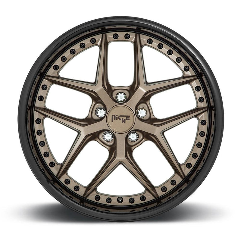 Front face view of a Niche Vice monoblock cast aluminum 5 Y spoke automotive wheel in a matte bronze finish with a black bead ring and a stud pattern around the inner bead ring.