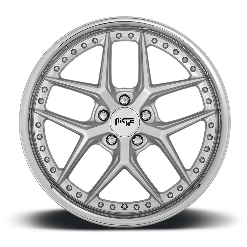 Front face view of a Niche Vice monoblock cast aluminum 5 Y spoke automotive wheel in a matte silver finish with a stud pattern around the inner bead ring and a Niche black logo center cap.