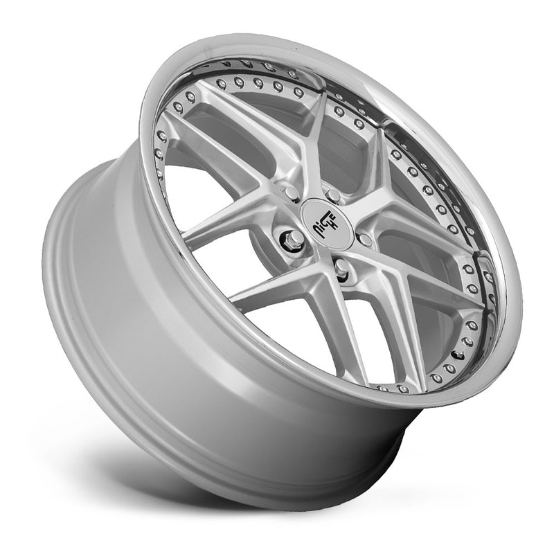 Tilted side view of a Niche Vice monoblock cast aluminum 5 Y spoke automotive wheel in a matte silver finish with a stud pattern around the inner bead ring and a Niche black logo center cap.