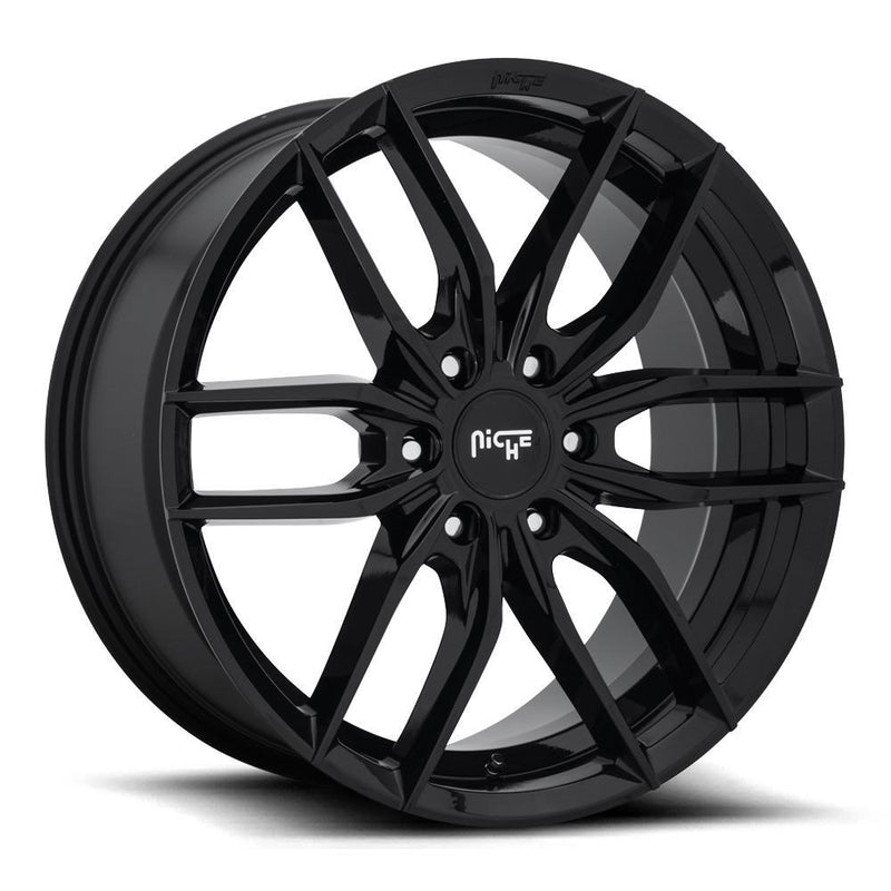 Niche Vosso monoblock cast aluminum 6 U shape spoke automotive wheel in a gloss black finish with an embossed Niche logo on the bead ring and a Niche silver logo center cap.