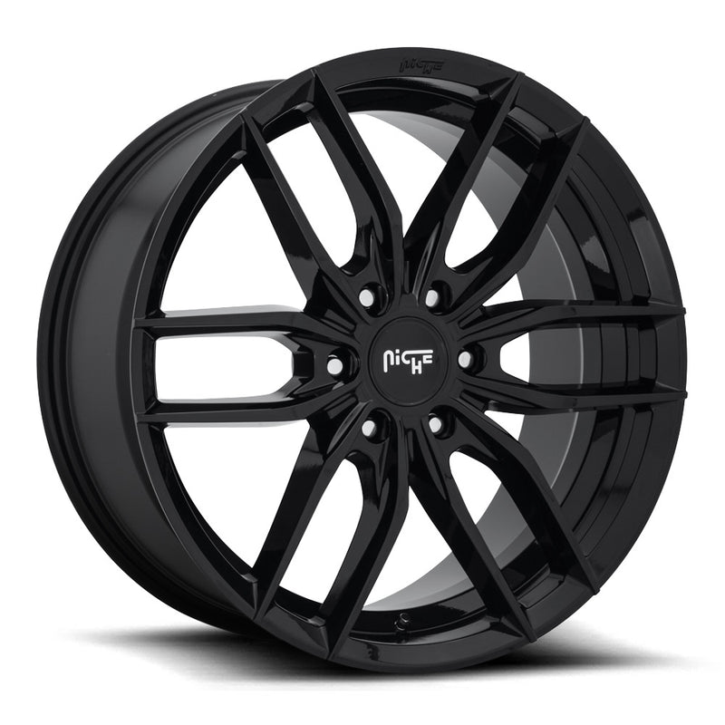 Niche Vosso monoblock cast aluminum  5 U shape double spoke automotive wheel in a gloss black finish with an embossed niche logo to outer edge and a Niche silver logo center cap.