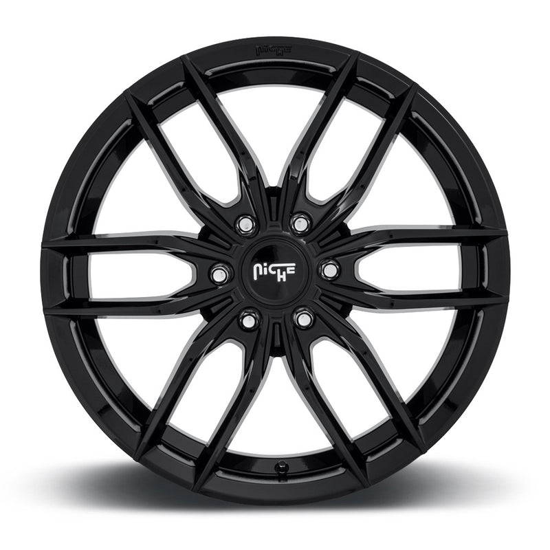Front face view of a Niche Vosso monoblock cast aluminum 5 U shape double spoke automotive wheel in a gloss black finish with an embossed niche logo to outer edge and a Niche silver logo center cap.
