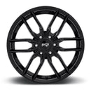 Front face view of a Niche Vosso monoblock cast aluminum 6 U shape spoke automotive wheel in a gloss black finish with an embossed Niche logo on the bead ring and a Niche silver logo center cap.