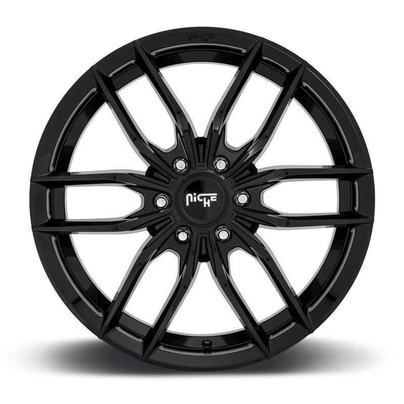 Front face view of a Niche Vosso monoblock cast aluminum 6 U shape spoke automotive wheel in a gloss black finish with an embossed Niche logo on the bead ring and a Niche silver logo center cap.