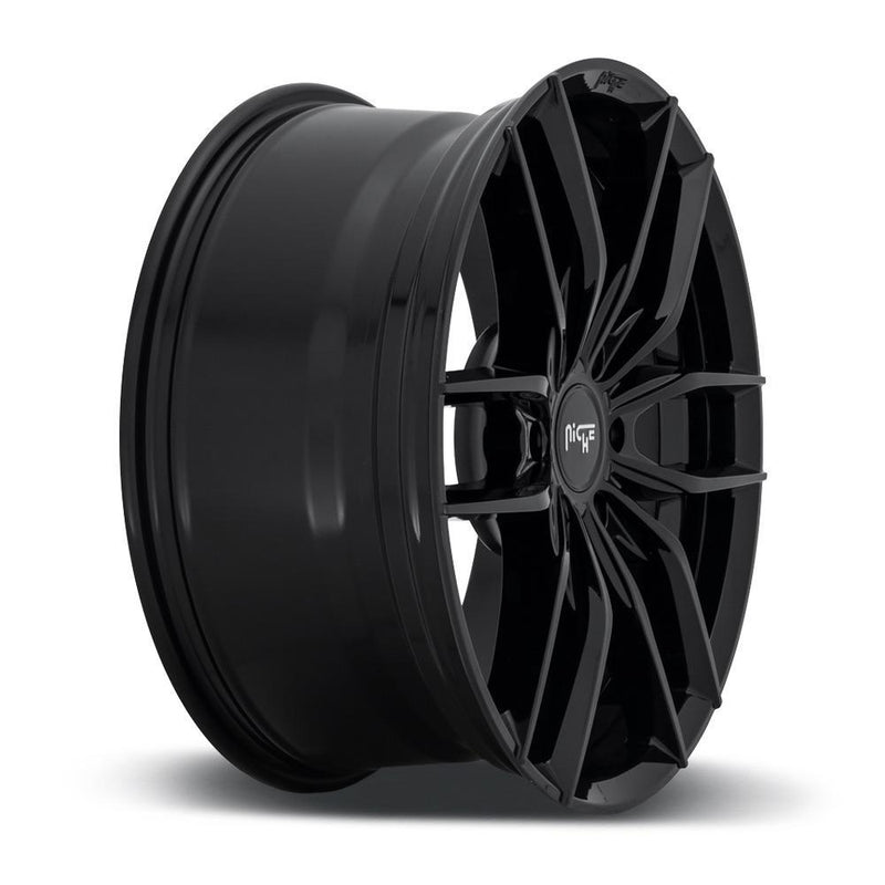 Side view of a Niche Vosso monoblock cast aluminum 6 U shape spoke automotive wheel in a gloss black finish with an embossed Niche logo on the bead ring and a Niche silver logo center cap.