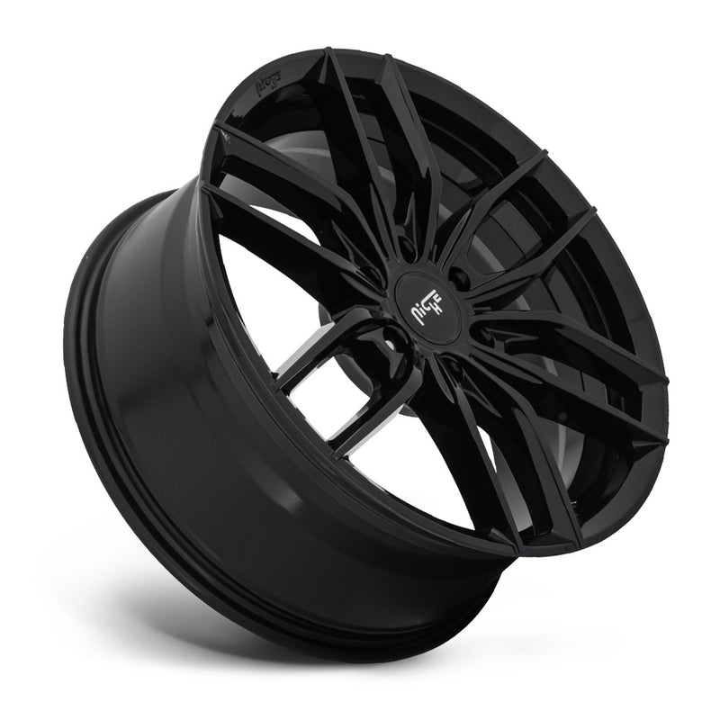 Tilted side view of a Niche Vosso monoblock cast aluminum 5 U shape double spoke automotive wheel in a gloss black finish with an embossed niche logo to outer edge and a Niche silver logo center cap.