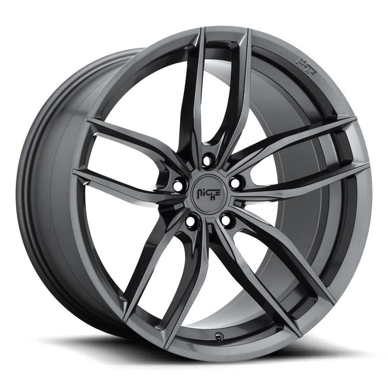 Niche Vosso monoblock cast aluminum 5 U shape double spoke automotive wheel in a matte anthracite finish with an embossed niche logo to outer edge and a Niche black logo center cap.