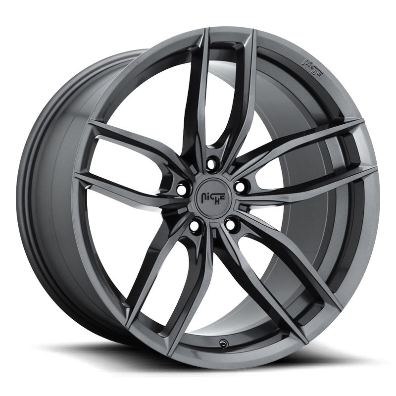 Niche Vosso monoblock cast aluminum 5 double spoke automotive wheel in a matte anthracite finish with a Niche logo embossed on the outer edge and with a Niche logo center cap.