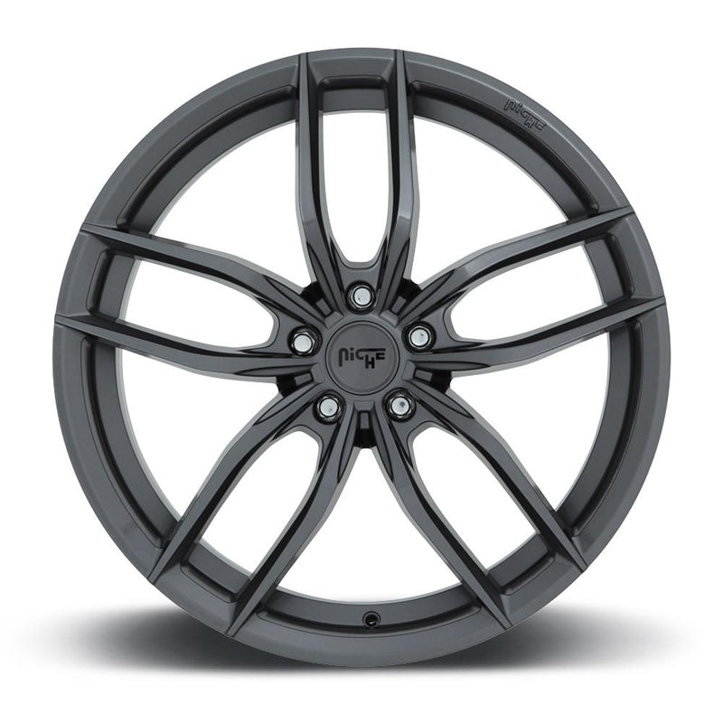 Front face view of a Niche Vosso monoblock cast aluminum 6 U shape spoke automotive wheel in a matte anthracite finish with an embossed Niche logo on the bead ring and a Niche logo center cap.