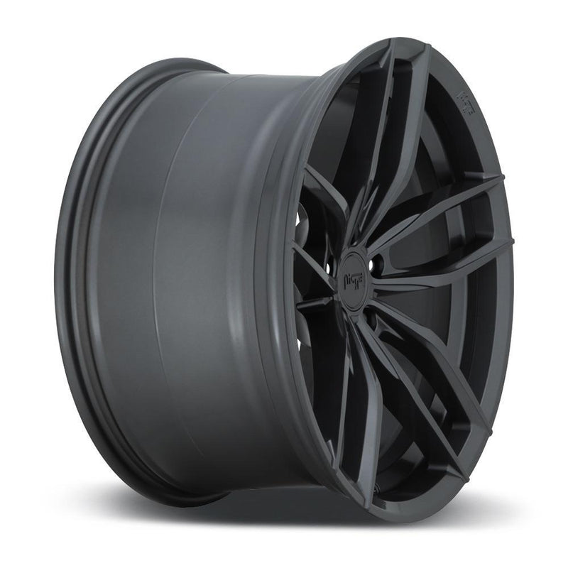 Side view of a Niche Vosso monoblock cast aluminum 5 U shape double spoke automotive wheel in a matte anthracite finish with an embossed niche logo to outer edge and a Niche black logo center cap.