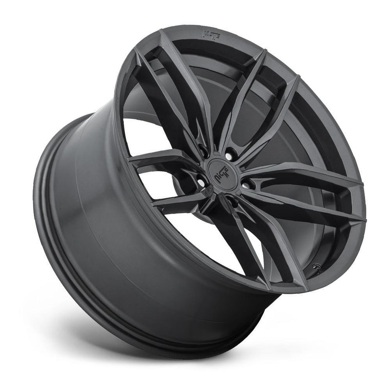 Tilted side view of a Niche Vosso monoblock cast aluminum 5 U shape double spoke automotive wheel in a matte anthracite finish with an embossed niche logo to outer edge and a Niche black logo center cap.