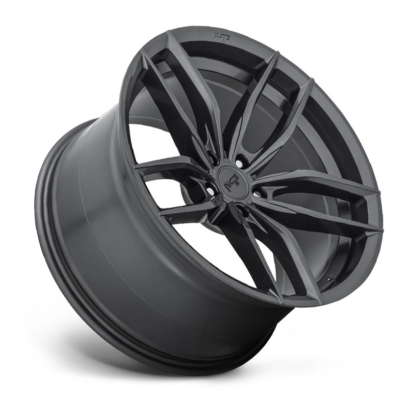 Tilted side view of a Niche Vosso monoblock cast aluminum 5 double spoke automotive wheel in a matte anthracite finish with a Niche logo embossed on the outer edge and with a Niche logo center cap.