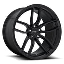 Niche Vosso monoblock cast aluminum 5 U shape double spoke automotive wheel in a matte black finish with an embossed niche logo to outer edge and a Niche silver logo center cap.