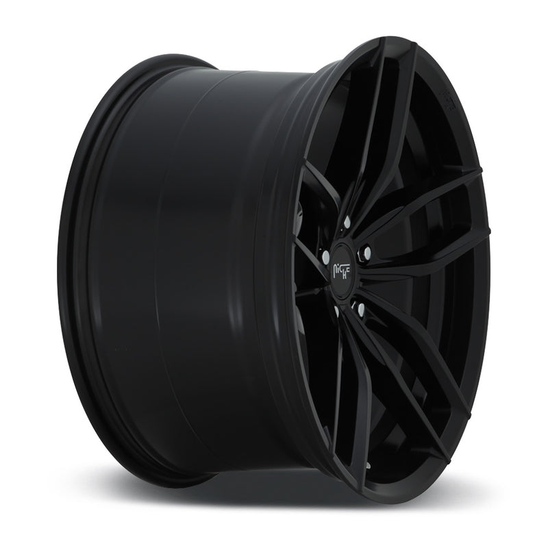 Side view of a Niche Vosso monoblock cast aluminum 5 double spoke automotive wheel in a matte black finish with a Niche logo embossed on the outer edge and with a Niche logo center cap.