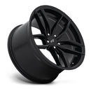 Tilted side view of a Niche Vosso monoblock cast aluminum 5 double spoke automotive wheel in a matte black finish with a Niche logo embossed on the outer edge and with a Niche logo center cap.