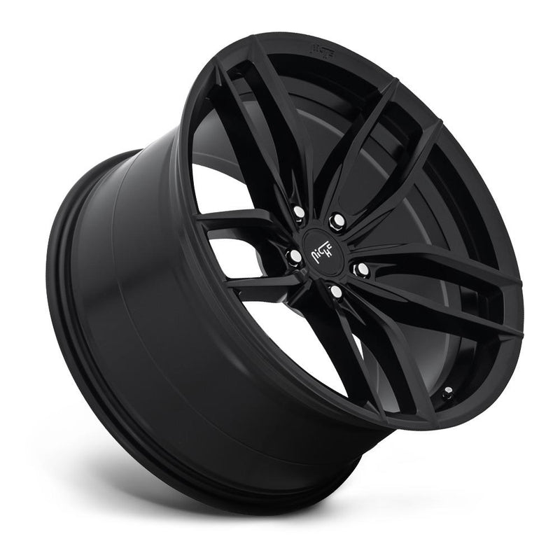 Tilted side view of a Niche Vosso monoblock cast aluminum 5 double spoke automotive wheel in a matte black finish with an embossed Niche logo on the outer lip and a Niche logo center cap.