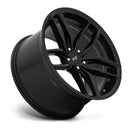 Tilted side view of a Niche Vosso monoblock cast aluminum 6 U shape spoke automotive wheel in a matte black finish with an embossed Niche logo on the bead ring and a Niche silver logo center cap.