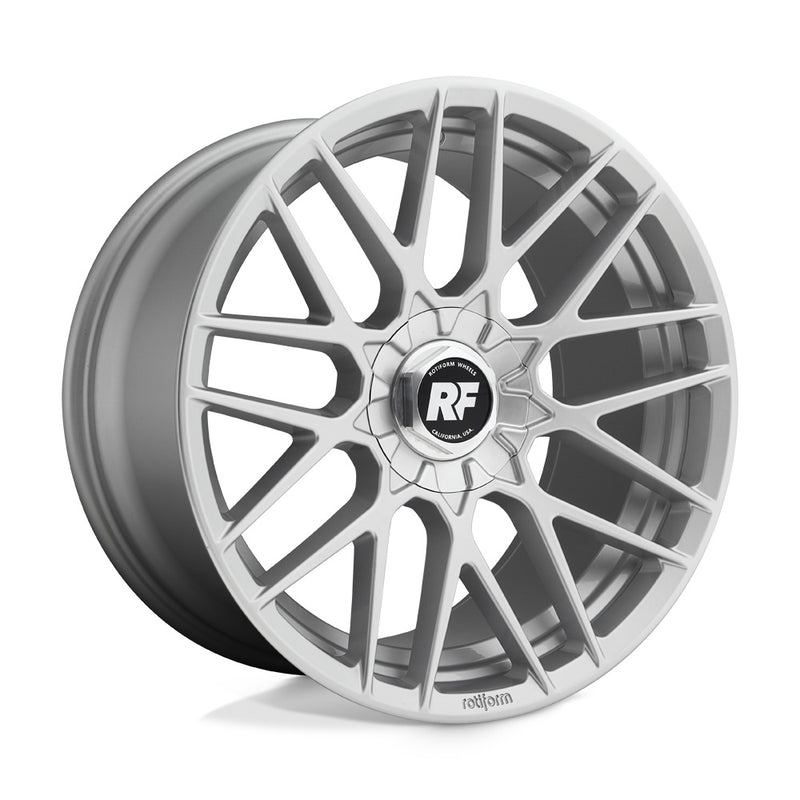 Rotiform RSE monoblock cast aluminum 9 V-shaped spoke automotive wheel in gloss silver with a Rotiform RF logo center cap and Rotiform logo embossed on outer lip.
