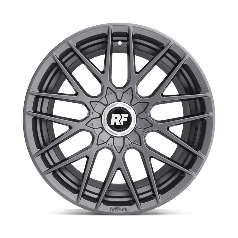 Front face view of a Rotiform RSE monoblock cast aluminum 9 V-shaped spoke automotive wheel in a matte anthracite finish with a Rotiform RF logo center cap and Rotiform logo embossed on outer lip.