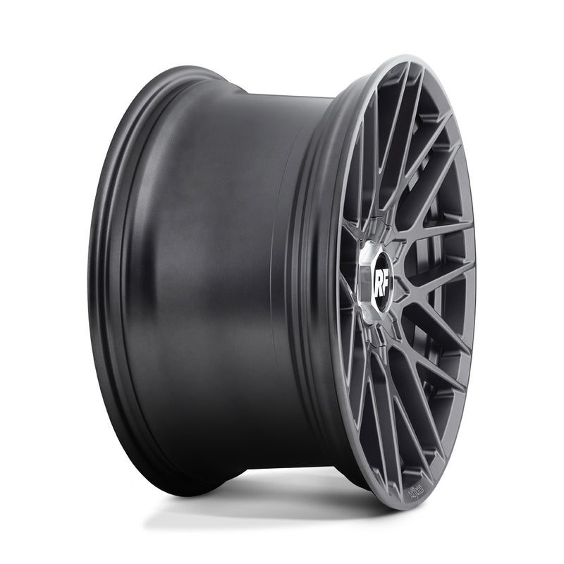 Side view of a Rotiform RSE monoblock cast aluminum 9 V-shaped spoke automotive wheel in a matte anthracite finish with a Rotiform RF logo center cap and Rotiform logo embossed on outer lip.