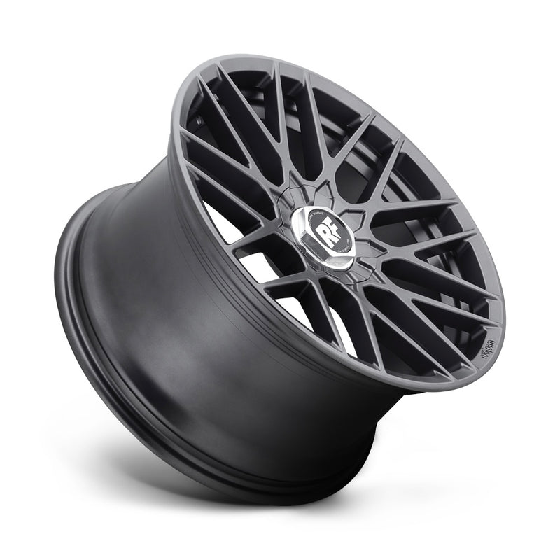 Tilted side view of a Rotiform RSE monoblock cast aluminum 9 V-shaped spoke automotive wheel in a matte anthracite finish with a Rotiform RF logo center cap and Rotiform logo embossed on outer lip.