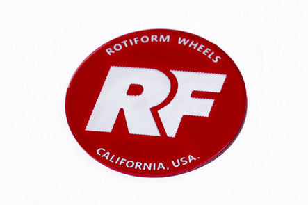 Rotiform's red and silver RF center cap insert for threaded hex nut.