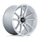 Rotiform BTL cast aluminum 5 double spoke design automotive wheel in a gloss silver finish with a machined face and a black center cap with a silver Rotiform logo.