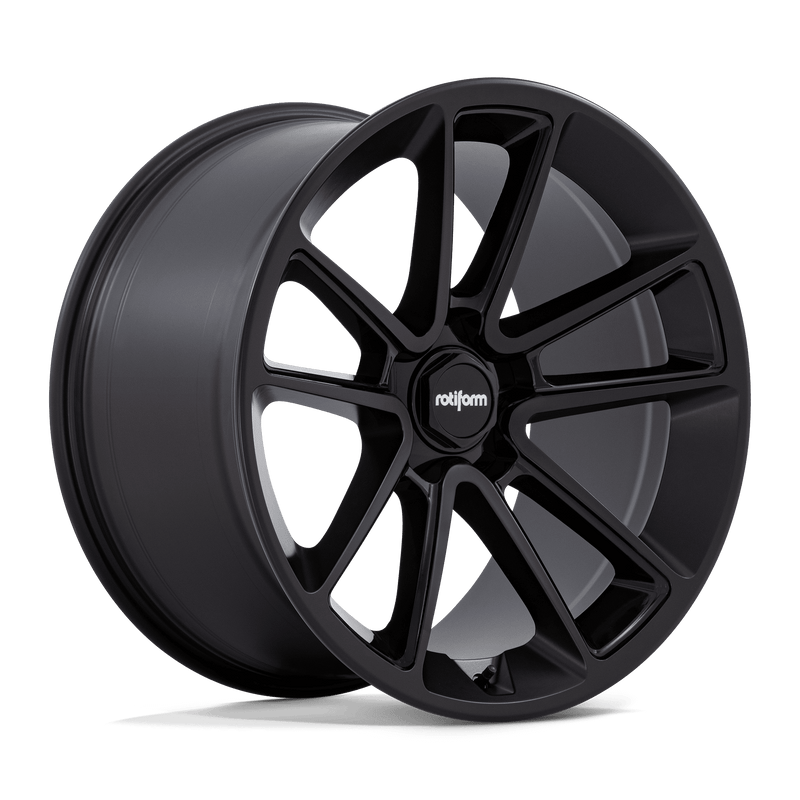Rotiform BTL cast aluminum 5 double spoke design automotive wheel in a matte black finish with a black cap and a black center cap with a silver Rotiform logo.