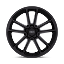 Front face view of a Rotiform BTL cast aluminum 5 double spoke design automotive wheel in a matte black finish with a black cap and a black center cap with a silver Rotiform logo.