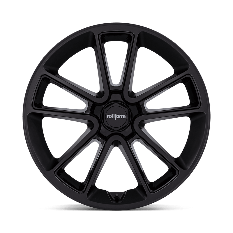 Front face view of a Rotiform BTL cast aluminum 5 double spoke design automotive wheel in a matte black finish with a black cap and a black center cap with a silver Rotiform logo.