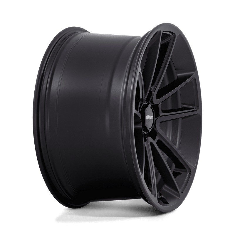 Side view of a Rotiform BTL cast aluminum 5 double spoke design automotive wheel in a matte black finish with a black cap and a black center cap with a silver Rotiform logo.