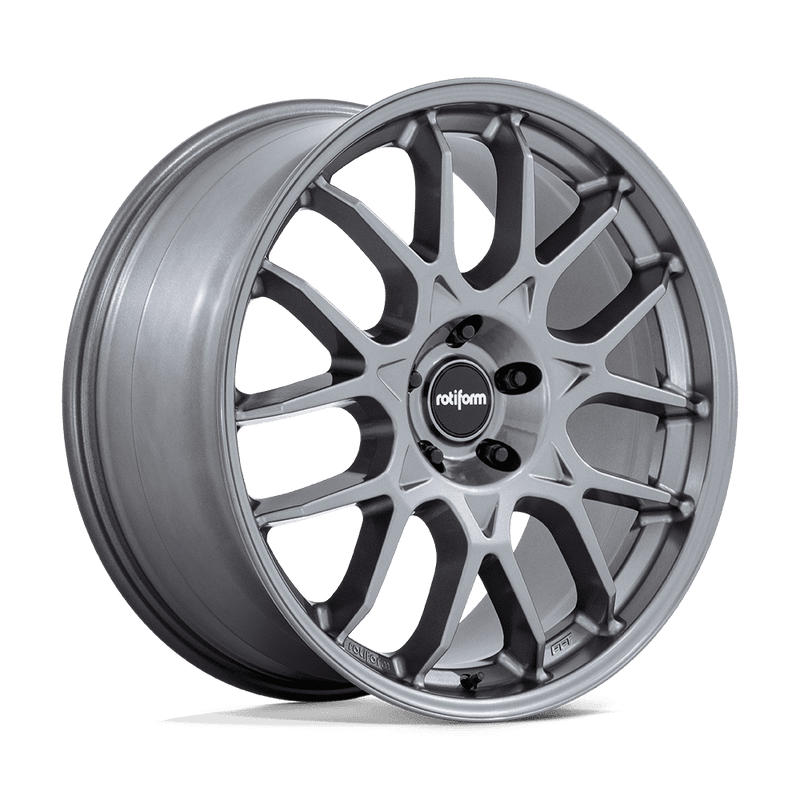 Rotiform ZWS a 1 piece cast aluminum multi spoke automotive wheel in a gloss anthracite finish with a black Rotiform center cap with a silver Rotiform logo