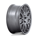Side view of a Rotiform ZWS a 1 piece cast aluminum multi spoke automotive wheel in a gloss anthracite finish with a black Rotiform center cap with a silver Rotiform logo
