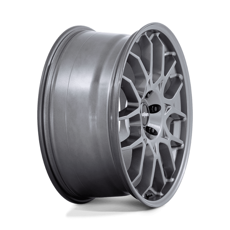 Side view of a Rotiform ZWS a 1 piece cast aluminum multi spoke automotive wheel in a gloss anthracite finish with a black Rotiform center cap with a silver Rotiform logo
